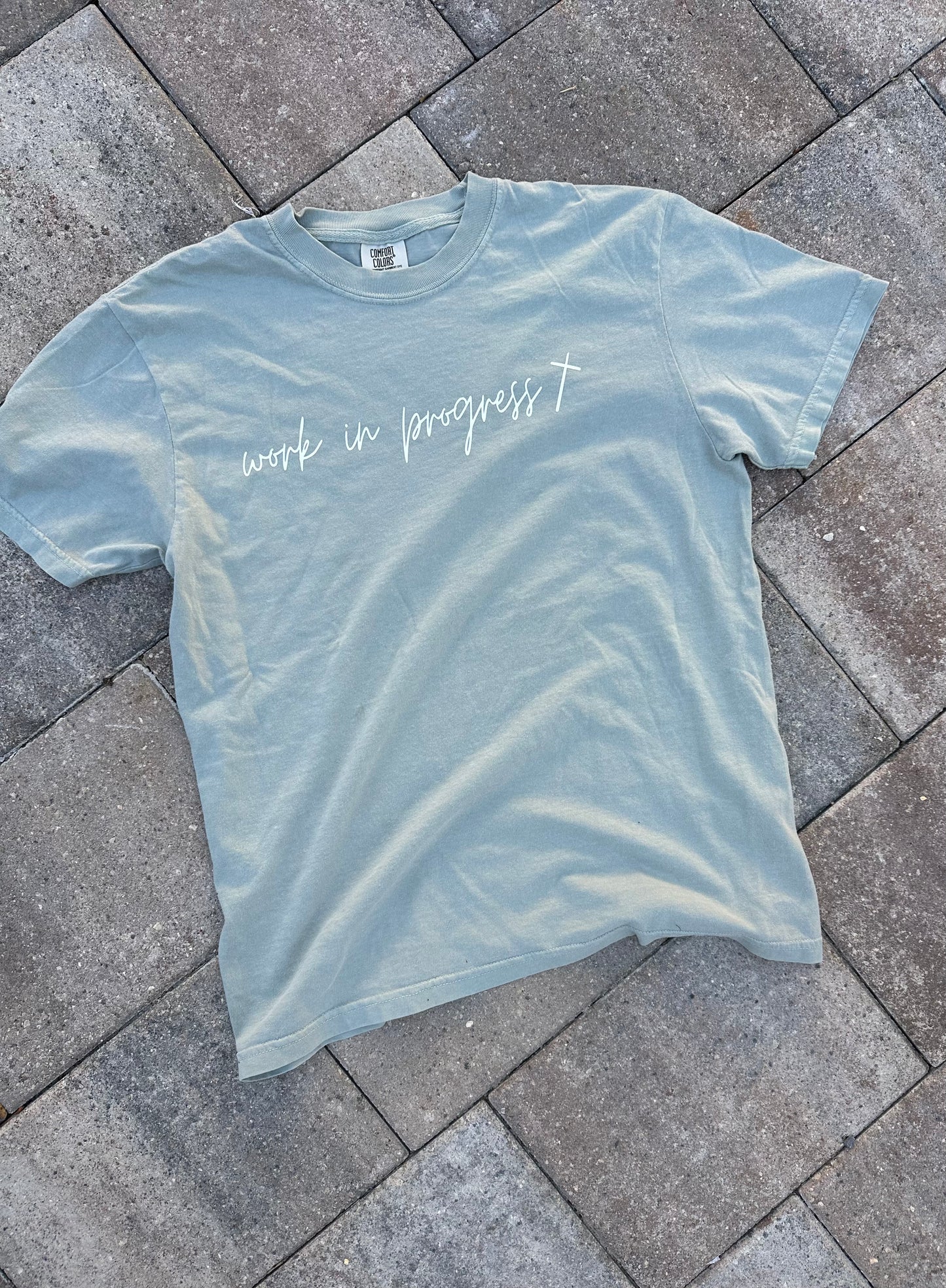 Sage green Work in Progress minimalist tee